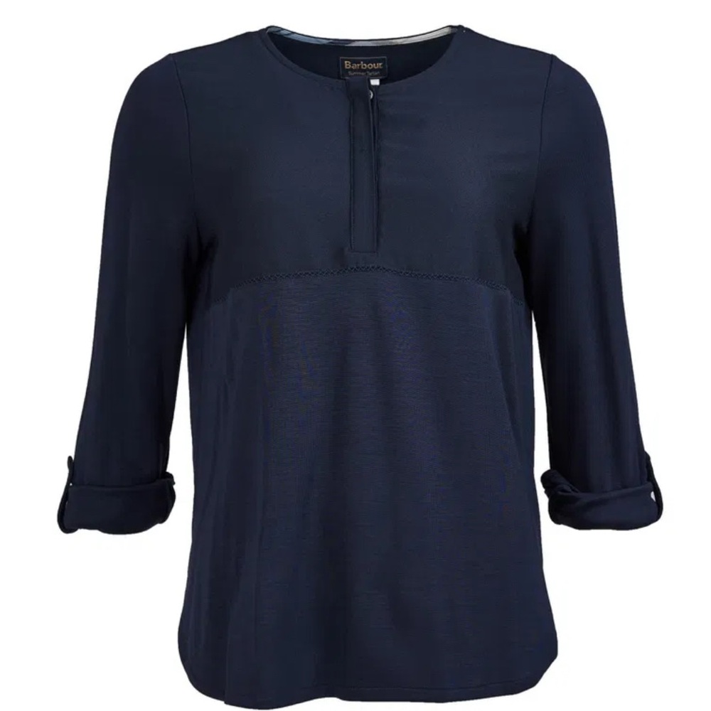 Barbour Summer Tartan Women’s Carron Henley Top Sz 6 US Navy Blue Long Sleeves